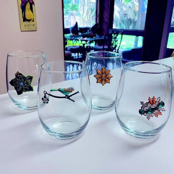 Hand crafted stemless wine glass vintage jewelry embellished crystal enamel - Picture 1 of 7